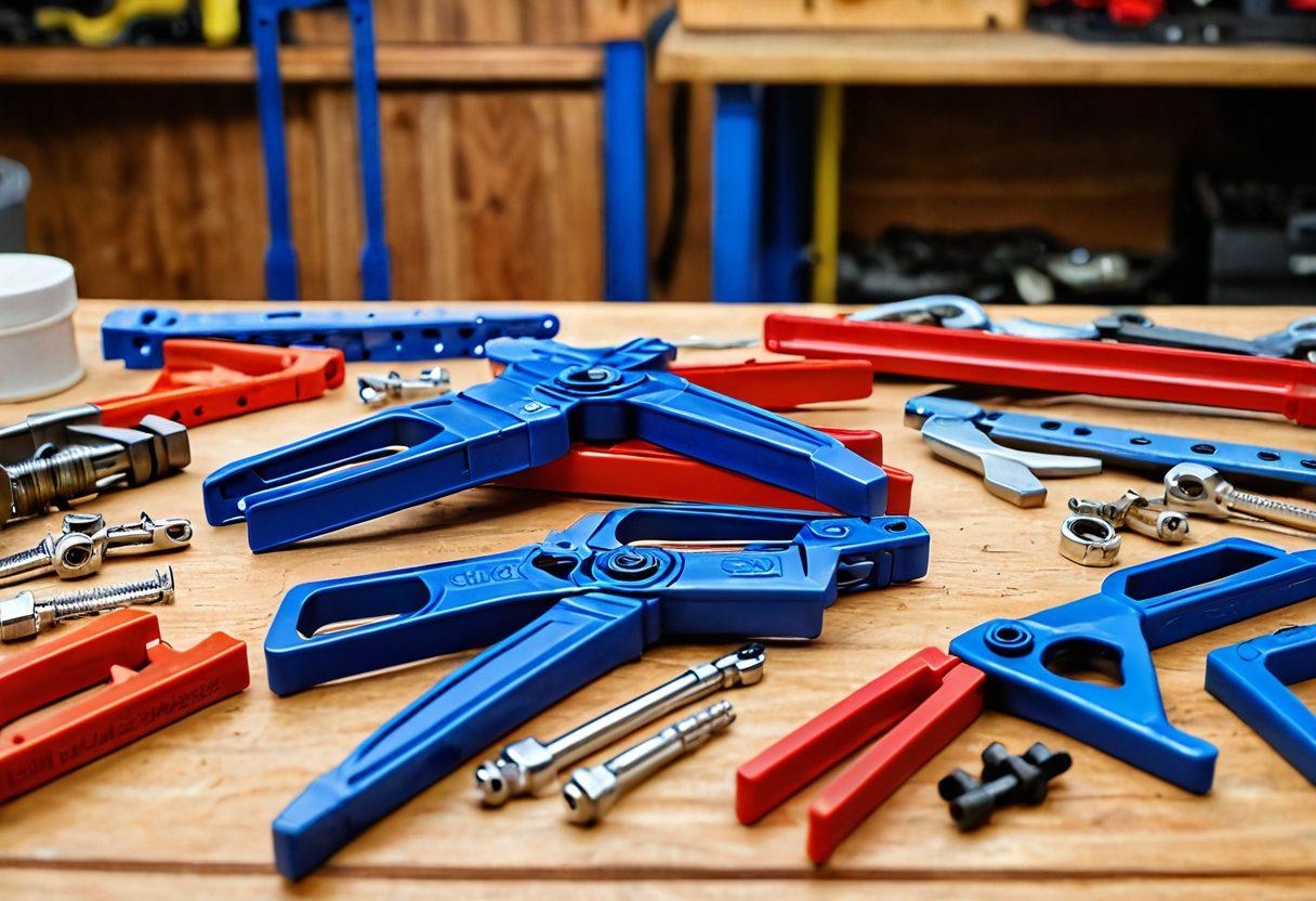 A detailed close-up of various custom and heavy-duty Clamptite products displayed on a workshop table, showcasing their intricate designs and sturdy materials. Include an array of clamps in vibrant colors, with tools and parts scattered around to emphasize a busy workshop environment. Soft, natural lighting to enhance the textures of the metal and plastic. super-realistic. vibrant colors. 3D.